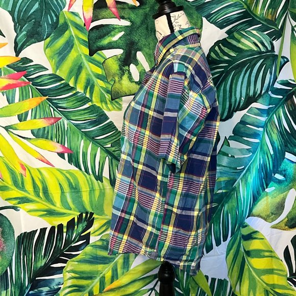 Lands’ End Mens M Green Blue Preppy Outdoor Spring Summer Vacation Plaid Shirt - Picture 5 of 11